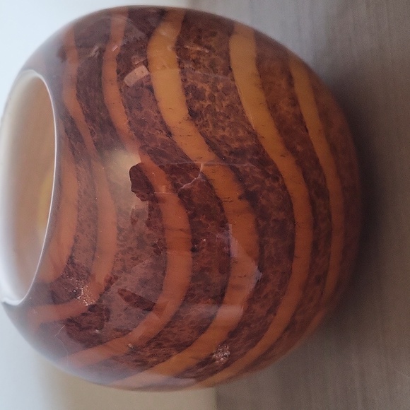 Vintage Tiger Stripe Art Glass Vase, Amber Blown Glass Bowl, Glass Sphere Vase, - Picture 4 of 9